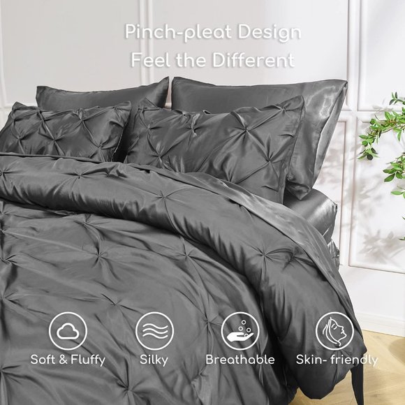 New Satin Comforter King 8 Pieces - Luxurious Pinch Pleat Bedding Set wi… - Picture 5 of 9